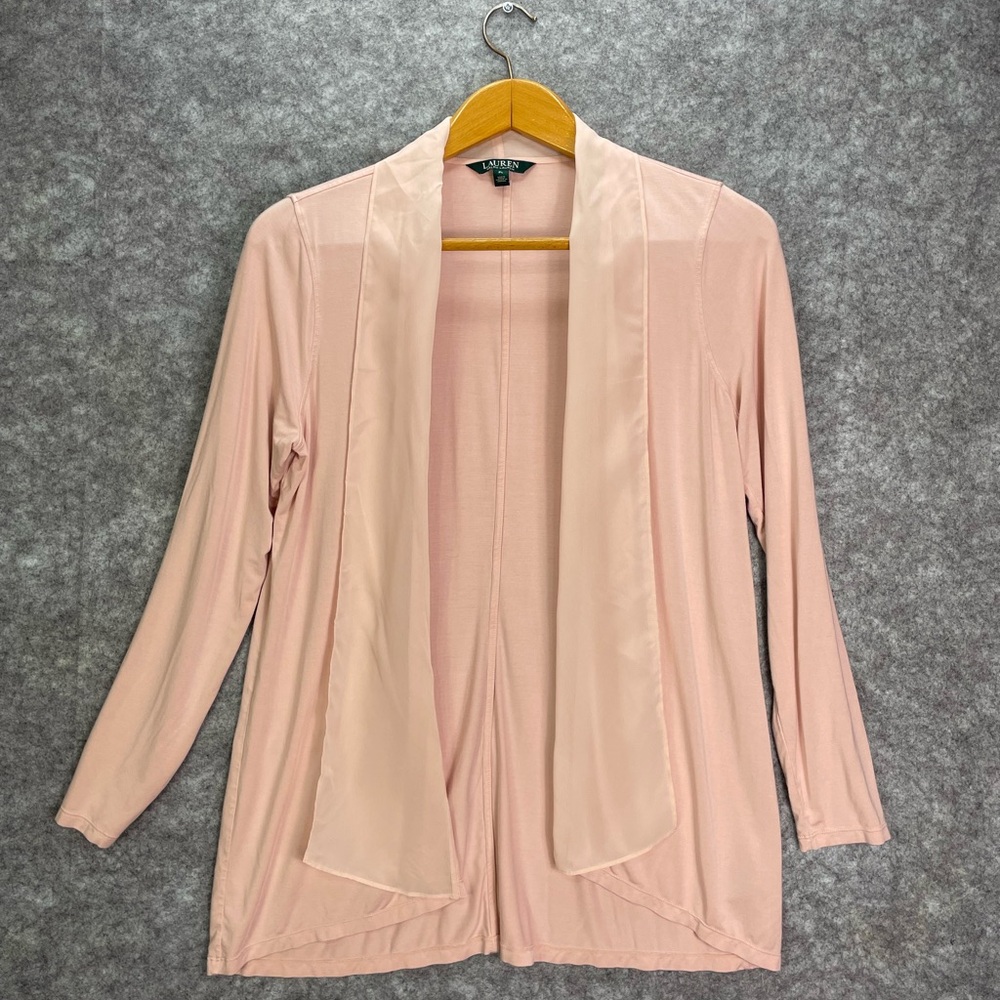 Lauren Ralph Lauren Womens Cardigan PL Petite Large Pink Open Front Chiffon Trim